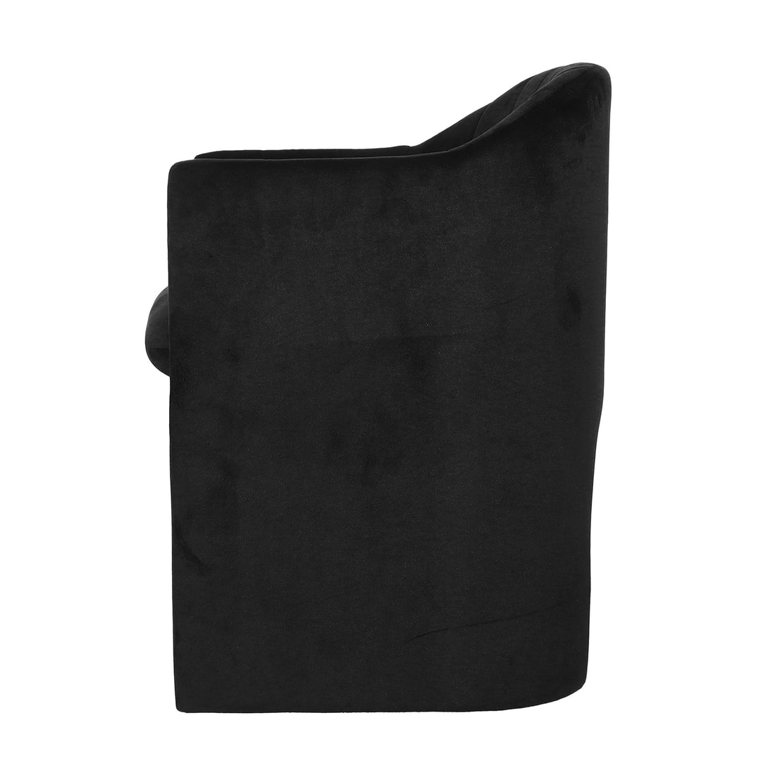 Liora Velvet Curved Accent Armchair in Black, featuring a sculptural barrel design with a curved backrest, plush seat cushion, and floor-length skirt, all in luxurious velvet fabric.