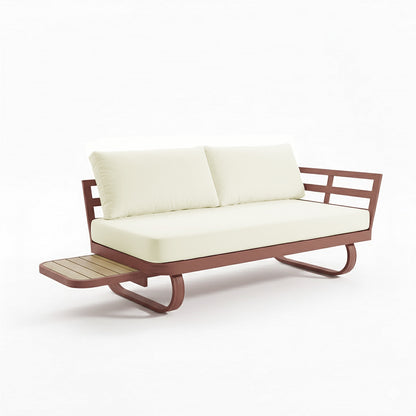 Paloma Modular Outdoor Lounge Set in Terracotta features a sleek daybed/sofa with reddish-brown wooden frame, off-white cushions, slatted backrest, and integrated side tray, perfect for stylish outdoor relaxation.