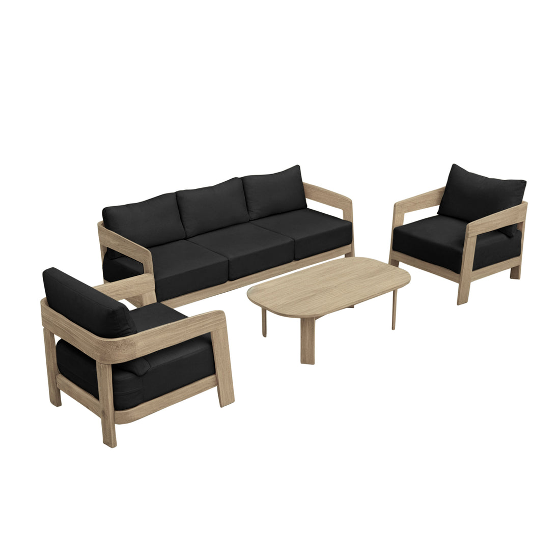 Elani 5 Seater Acacia Hardwood Outdoor Sofa Set in Black, featuring a minimalist design with a three-seat sofa, two armchairs, and an oval coffee table, all in light-wood frames with black cushions.