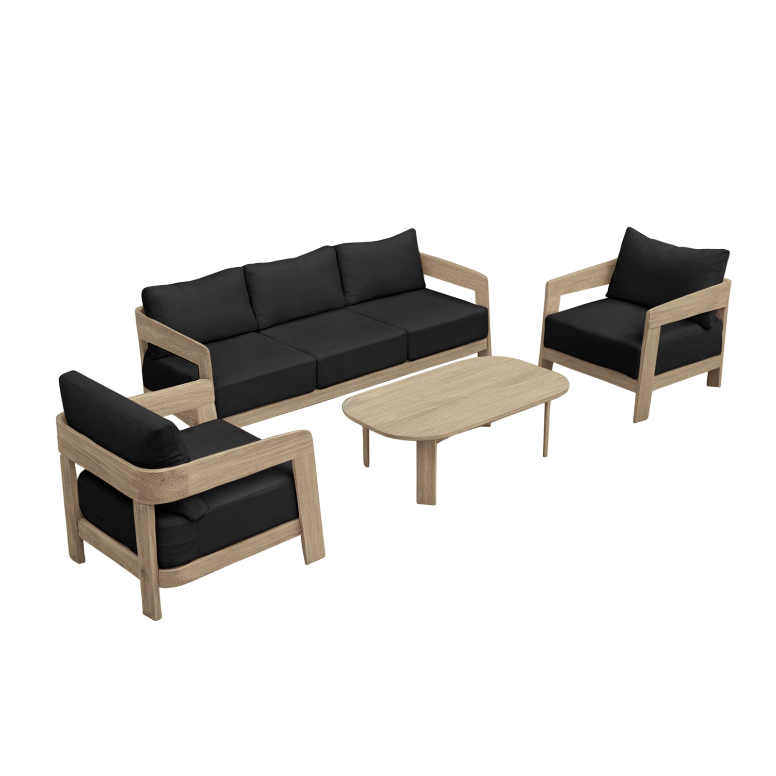 Elani 5 Seater Acacia Hardwood Outdoor Sofa Set in Black, featuring a minimalist design with a three-seat sofa, two armchairs, and an oval coffee table, all in light-wood frames with black cushions.