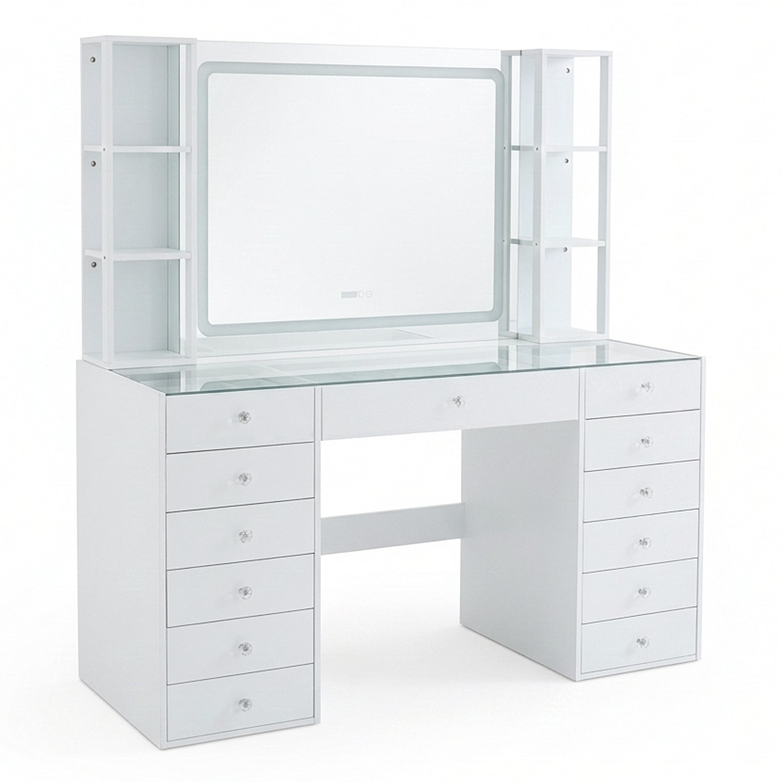 Large modern white vanity table with mirror and multiple drawers on white background