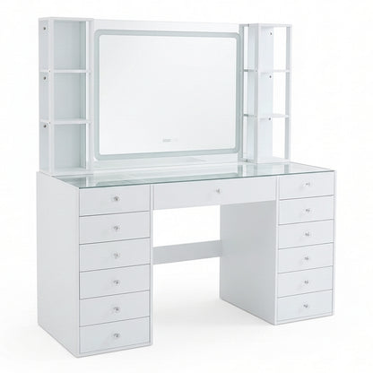 Large modern white vanity table with mirror and multiple drawers on white background