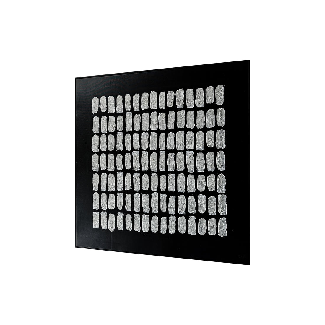Elodie Framed Canvas Wall Art 105 x 105cm in Black features a grid of white, fingerprint-like oval textures on a flat black panel, offering a hand-finished textured design in a sleek black frame.