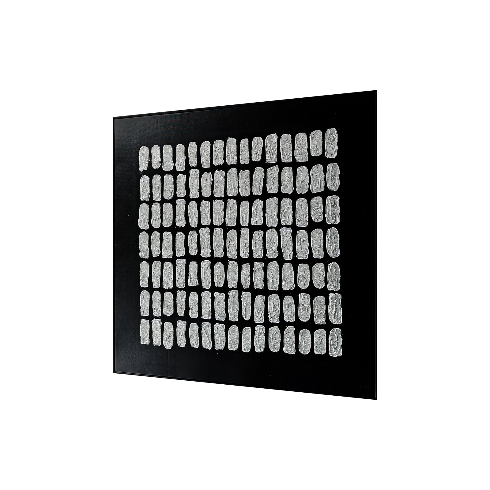 Elodie Framed Canvas Wall Art 105 x 105cm in Black features a grid of white, fingerprint-like oval textures on a flat black panel, offering a hand-finished textured design in a sleek black frame.