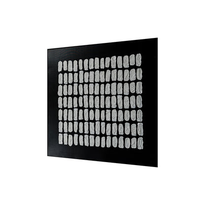 Elodie Framed Canvas Wall Art 105 x 105cm in Black features a grid of white, fingerprint-like oval textures on a flat black panel, offering a hand-finished textured design in a sleek black frame.