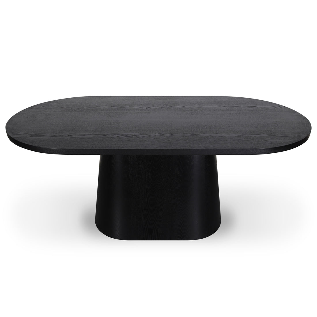 Gigi 180cm Oval Wooden Dining Table in Black features a matte black wood grain, elongated oval top with rounded corners, and a wide, tapered pedestal base, offering modern elegance and spaciousness.