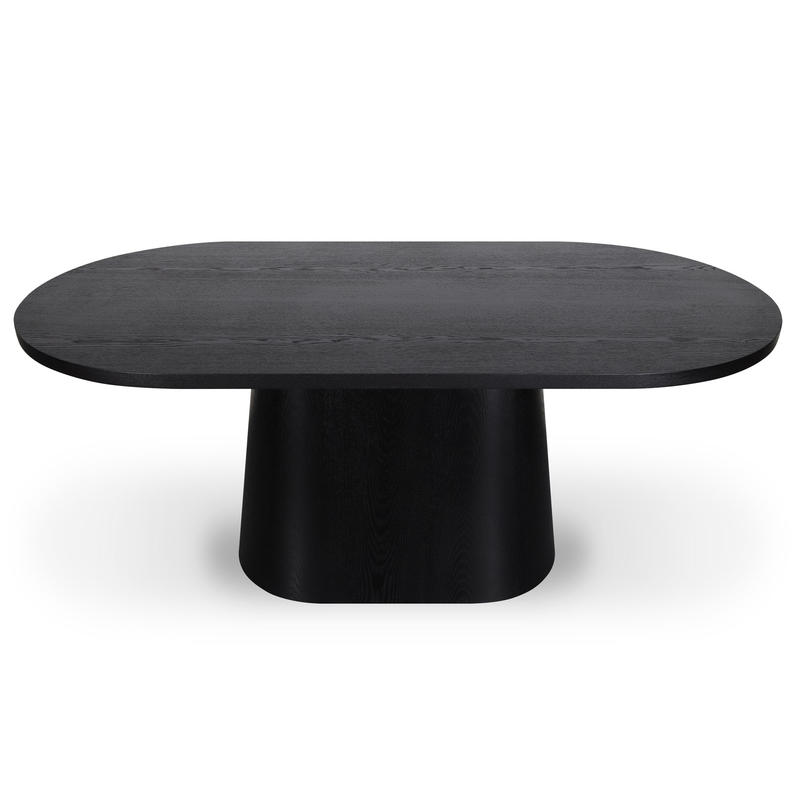 Gigi 180cm Oval Wooden Dining Table in Black features a matte black wood grain, elongated oval top with rounded corners, and a wide, tapered pedestal base, offering modern elegance and spaciousness.