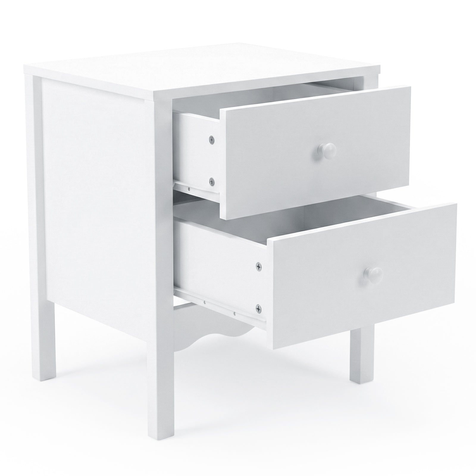 White two-drawer nightstand on white background with drawers open to show interior