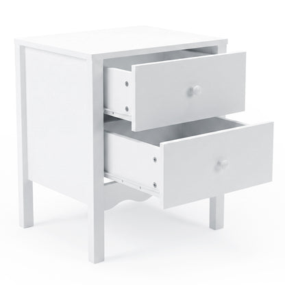 White two-drawer nightstand on white background with drawers open to show interior