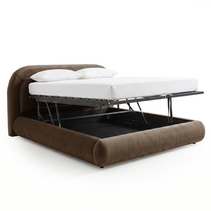 Taupe upholstered storage bed with raised mattress platform on a white background
