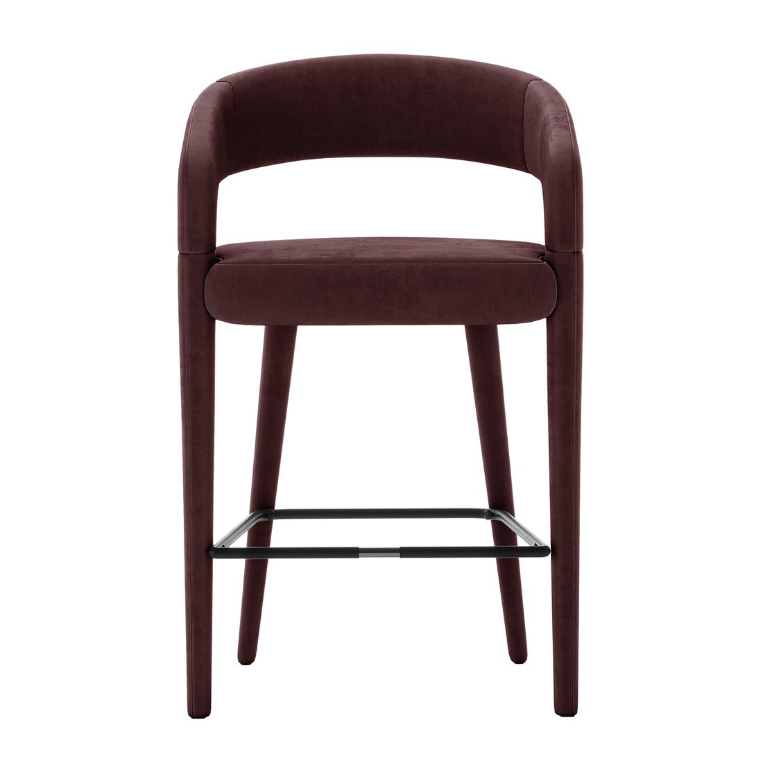 Eisha Velvet Bar Stool Set of 2 in Dark Plum features burgundy velvet upholstery, a curved backrest, padded seat, and slender legs with a rectangular black metal footrest, offering modern elegance and comfort.