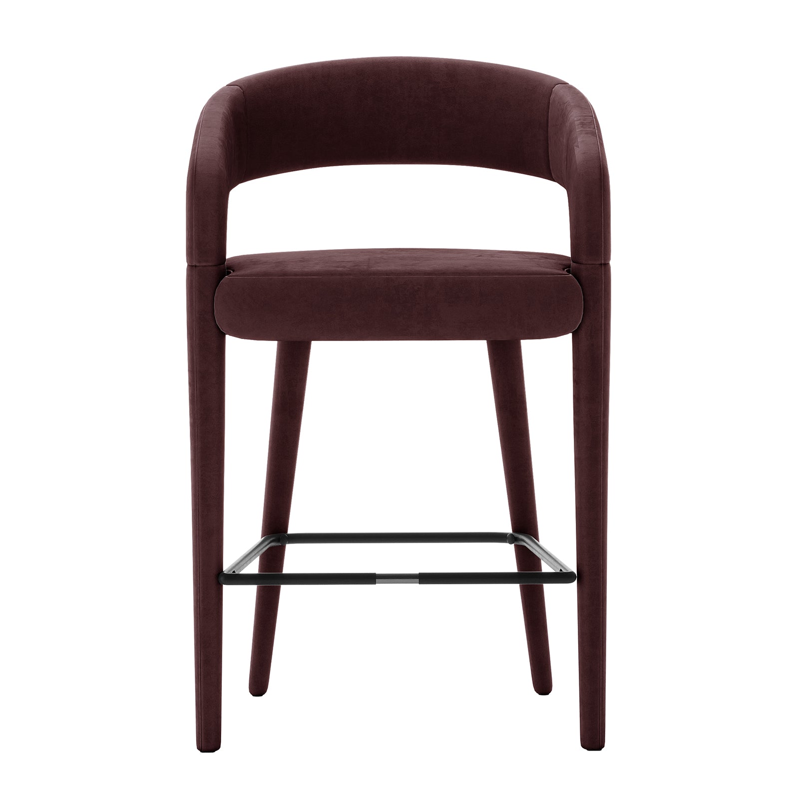 Eisha Velvet Bar Stool Set of 2 in Dark Plum features burgundy velvet upholstery, a curved backrest, padded seat, and slender legs with a rectangular black metal footrest, offering modern elegance and comfort.