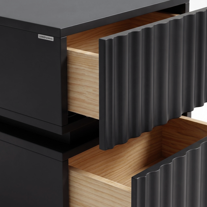 Close-up of the upper section of a black drawer cabinet with open drawers on a white background.