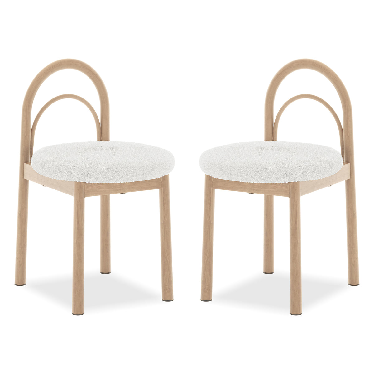 Two modern chairs with light wood frames and white upholstered seats on a white background