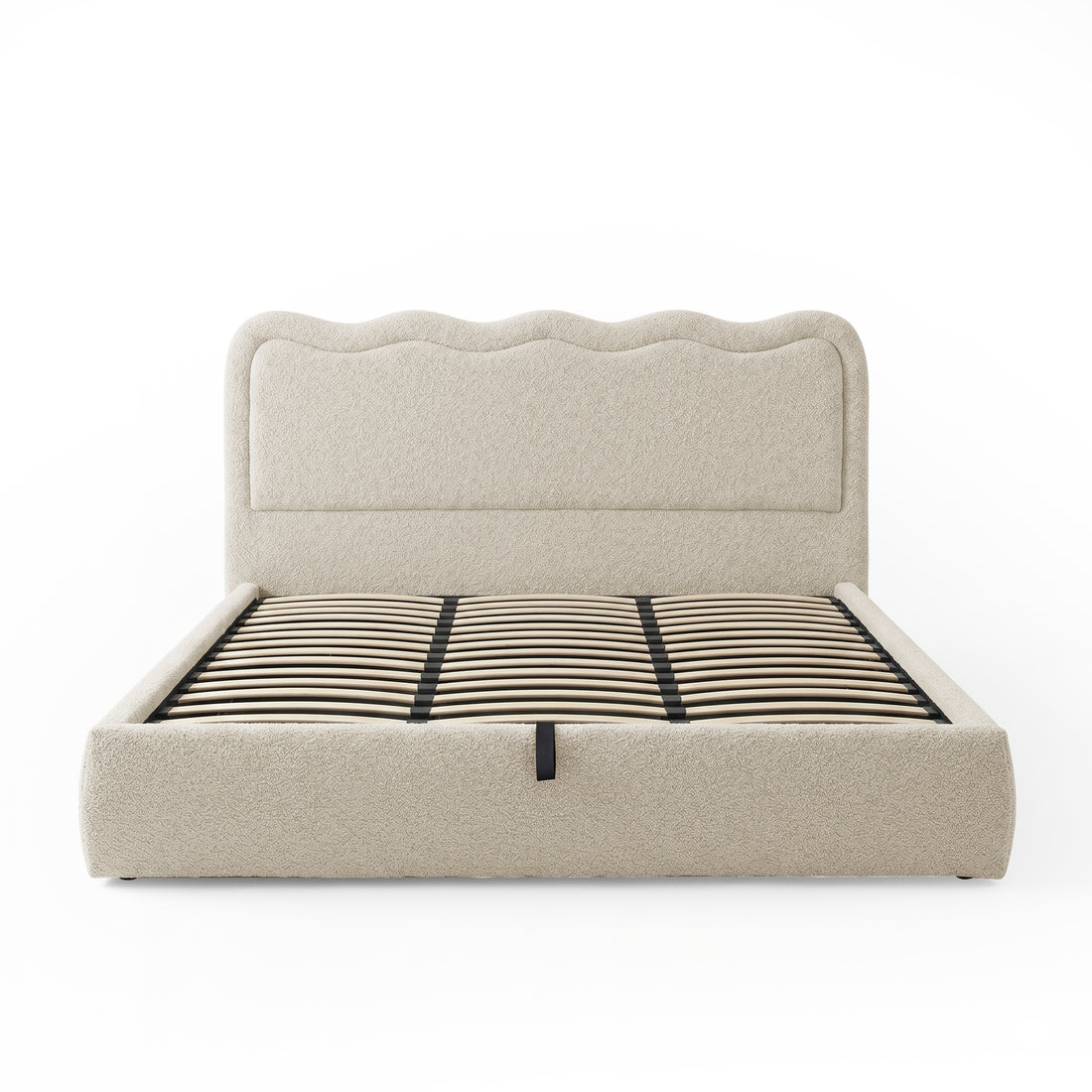 Front view of beige upholstered bed with visible wooden slats