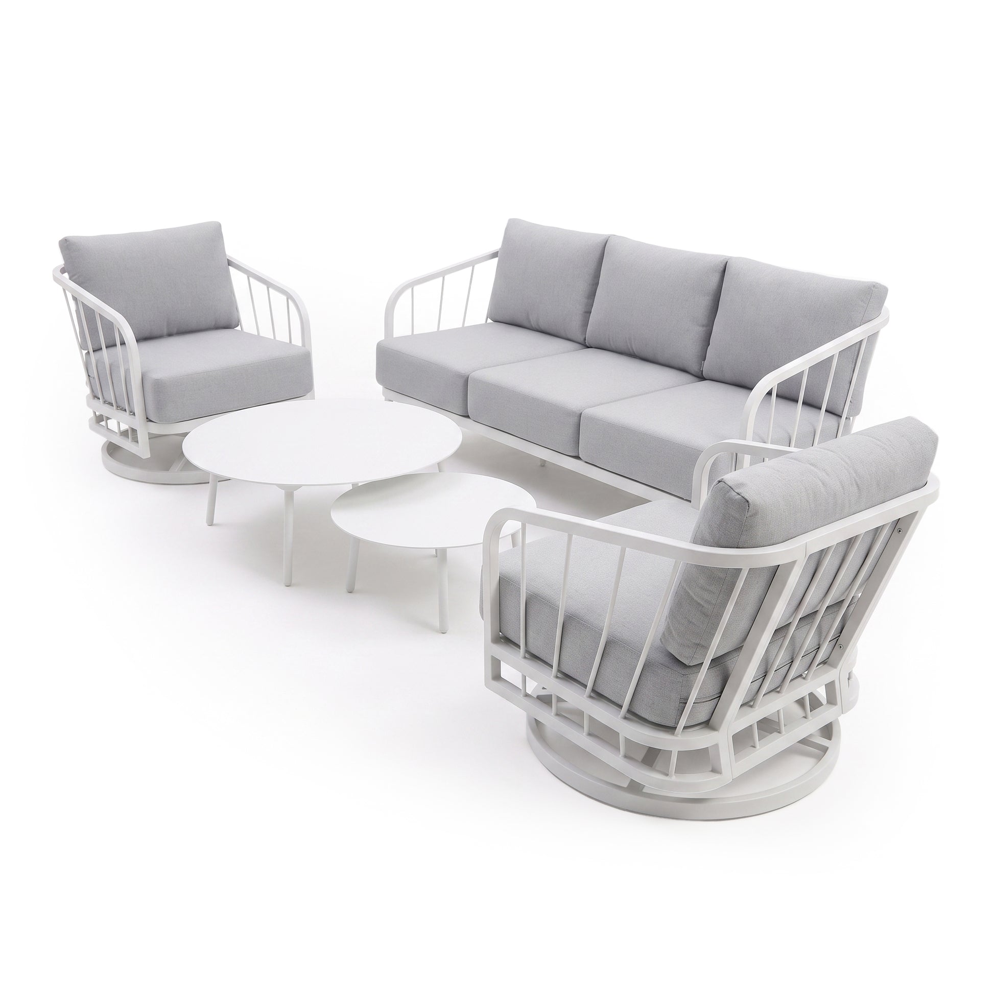 Full outdoor seating set on white background with sofa, armchairs, and round tables
