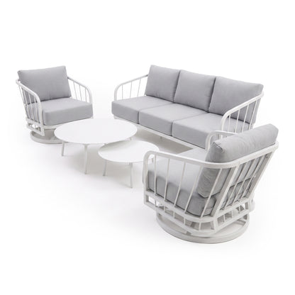 Full outdoor seating set on white background with sofa, armchairs, and round tables