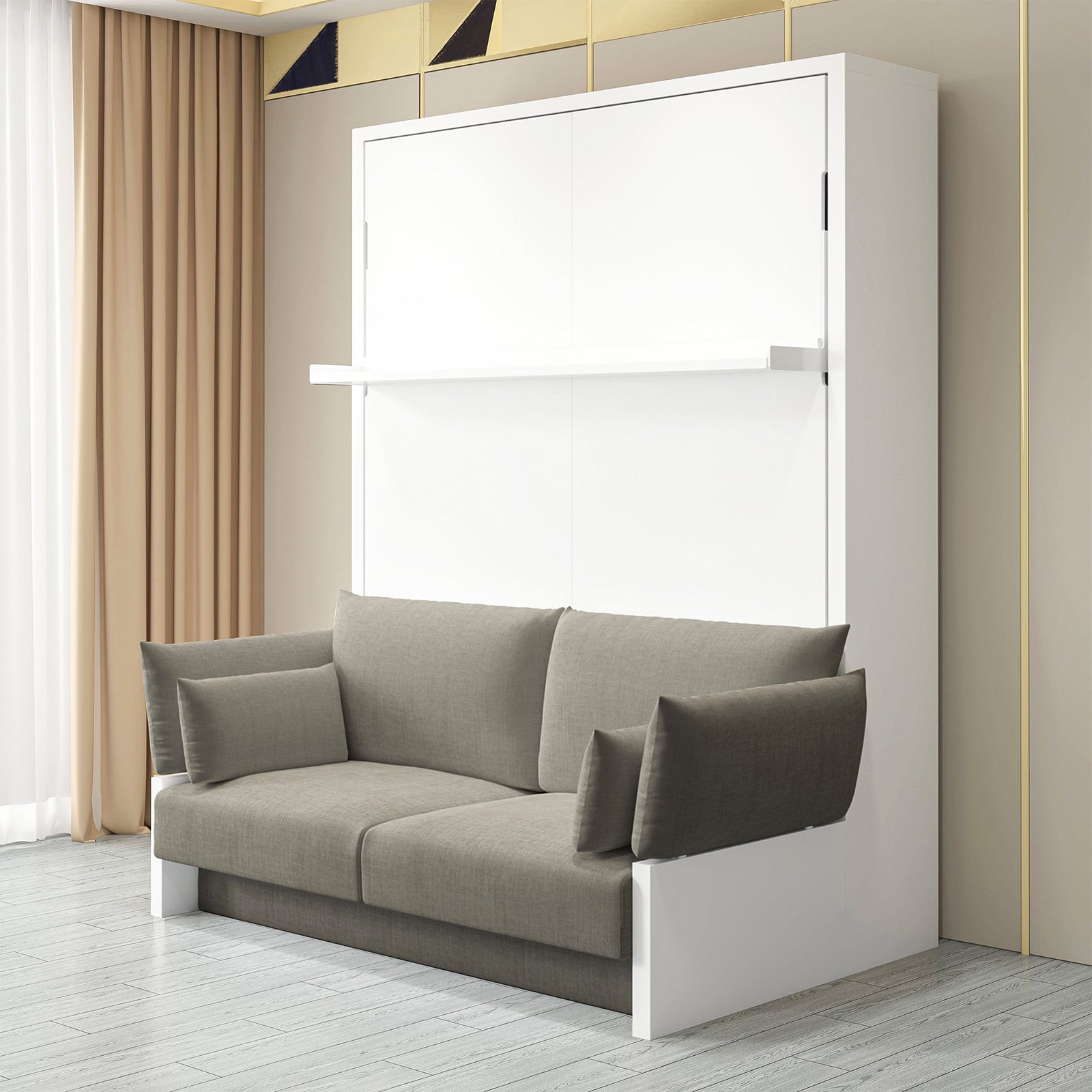 Luxo Byron Sofa Foldout Queen Wall Bed White & Grey in a modern living space, featuring a grey two-seat sofa in front of a sleek white wall-bed cabinet, with gold-trimmed paneling.