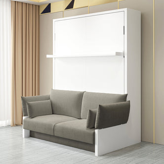 Luxo Byron Sofa Foldout Queen Wall Bed White & Grey in a modern living space, featuring a grey two-seat sofa in front of a sleek white wall-bed cabinet, with gold-trimmed paneling.