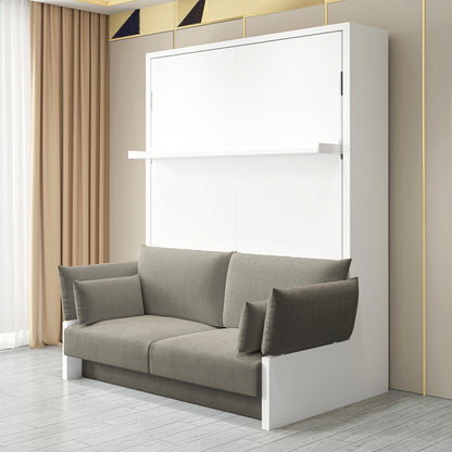 Luxo Byron Sofa Foldout Queen Wall Bed White & Grey in a modern living space, featuring a grey two-seat sofa in front of a sleek white wall-bed cabinet, with gold-trimmed paneling.