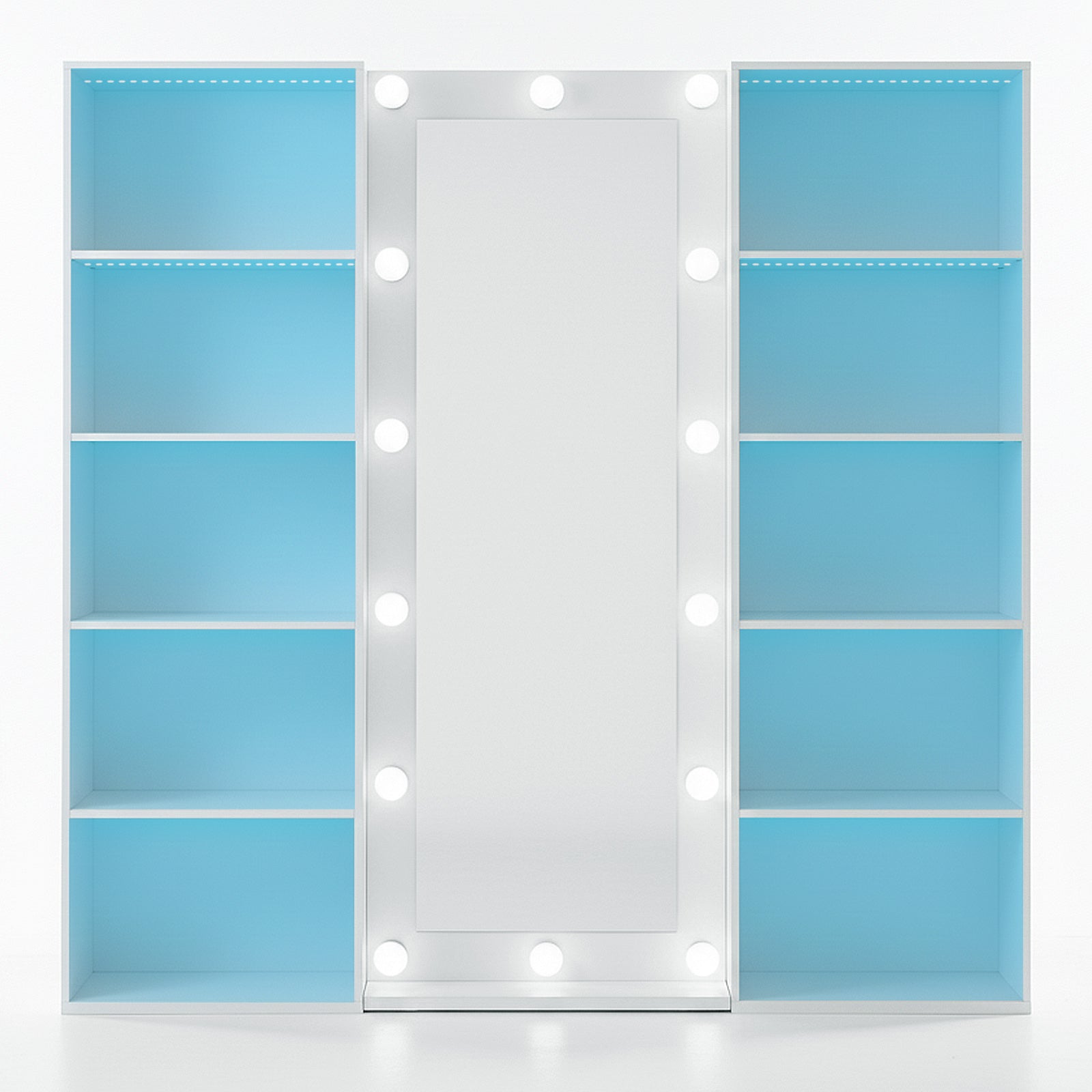 Vanity mirror framed by lights with two blue-backed shelves on white background