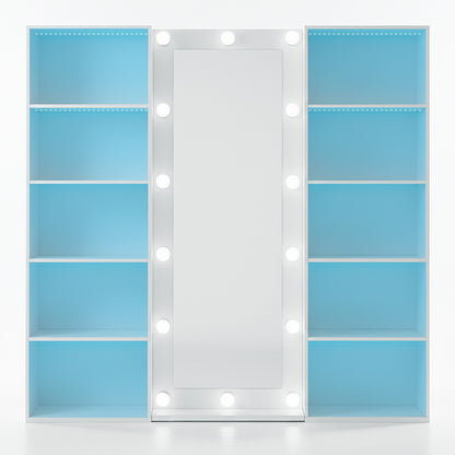 Vanity mirror framed by lights with two blue-backed shelves on white background