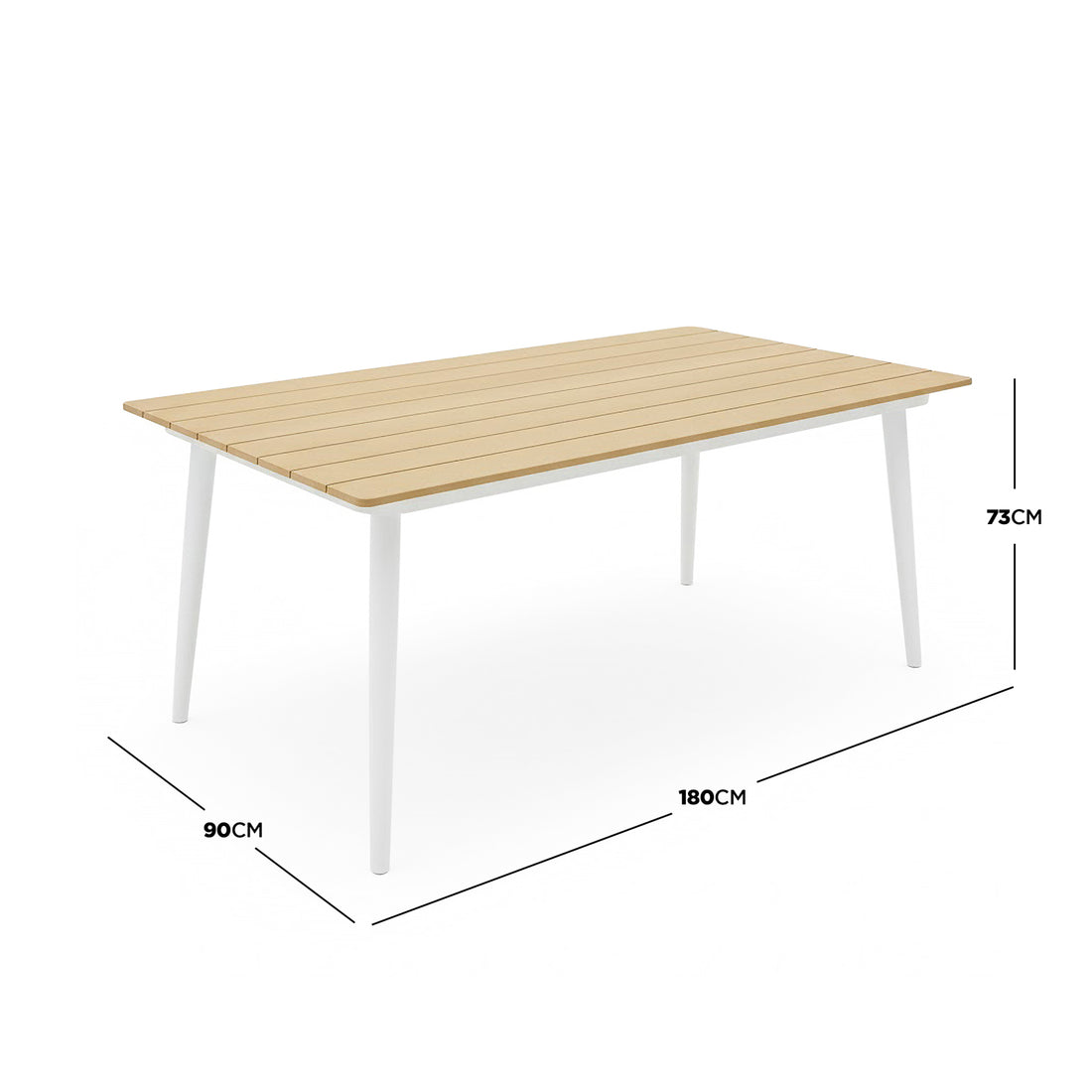 Casara 7 Piece Outdoor Dining Set in White & Grey features a light-wood slatted table top with tapered white legs, ideal for stylish, low-maintenance entertaining with ample seating for six.