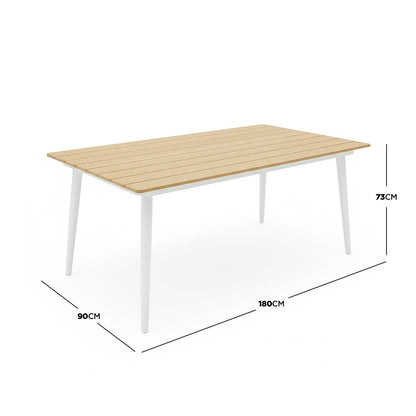 Casara 7 Piece Outdoor Dining Set in White & Grey features a light-wood slatted table top with tapered white legs, ideal for stylish, low-maintenance entertaining with ample seating for six.