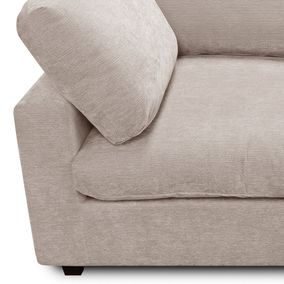 Close partial view of a light beige upholstered sofa corner on a white background.