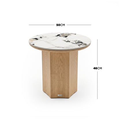 Round accent table with wood base and marble-effect top shown with 50 cm diameter and 46 cm height measurements.