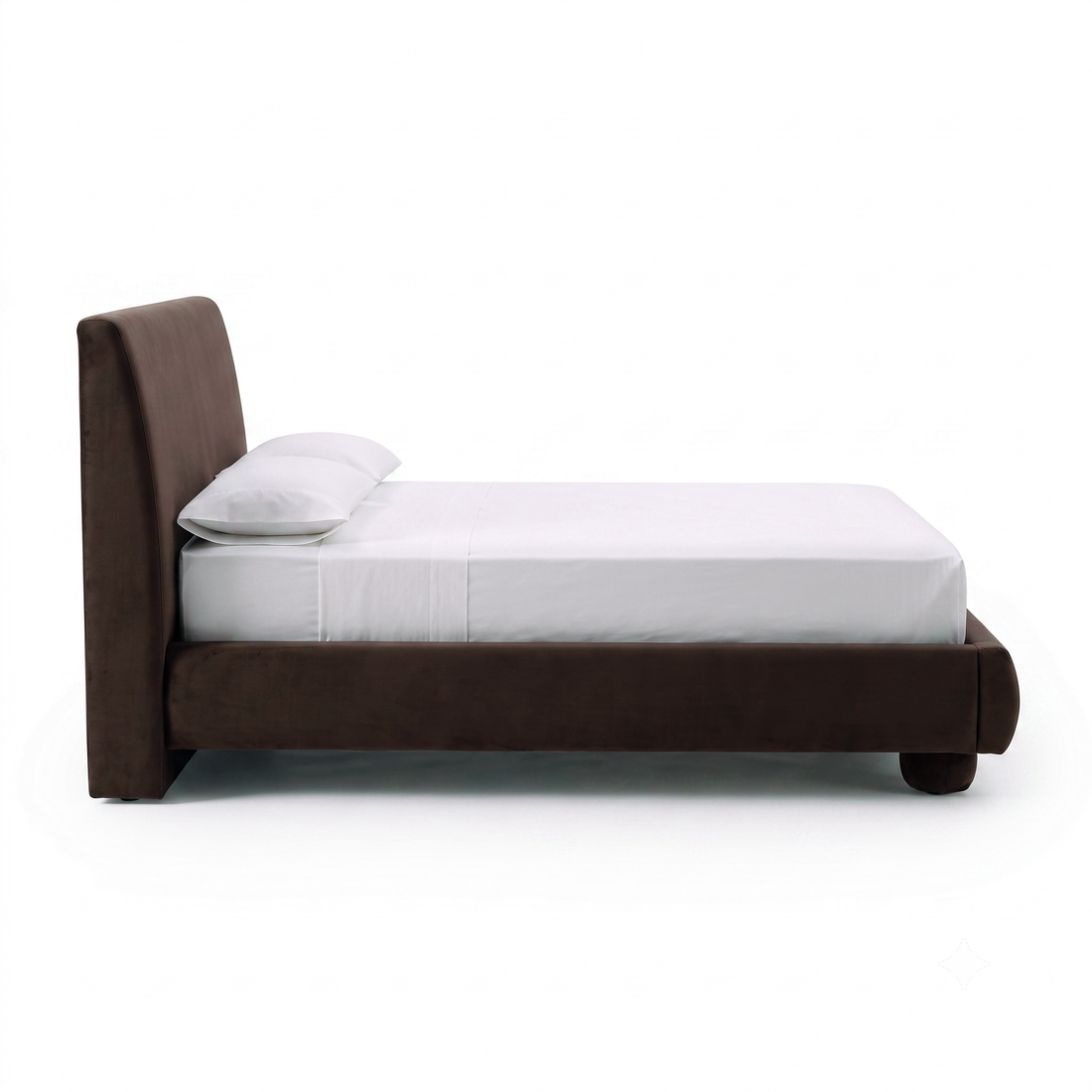 Side view of a brown upholstered bed on a white background