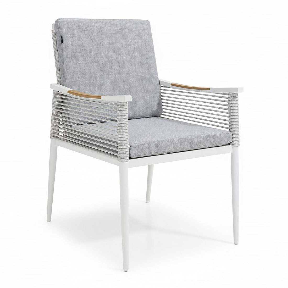 Casara 9 Piece Outdoor Dining Set in White and Grey features a sleek white metal frame, woven rope-style armrests with wood-tone inlays, and light-gray removable cushions, ideal for alfresco dining.