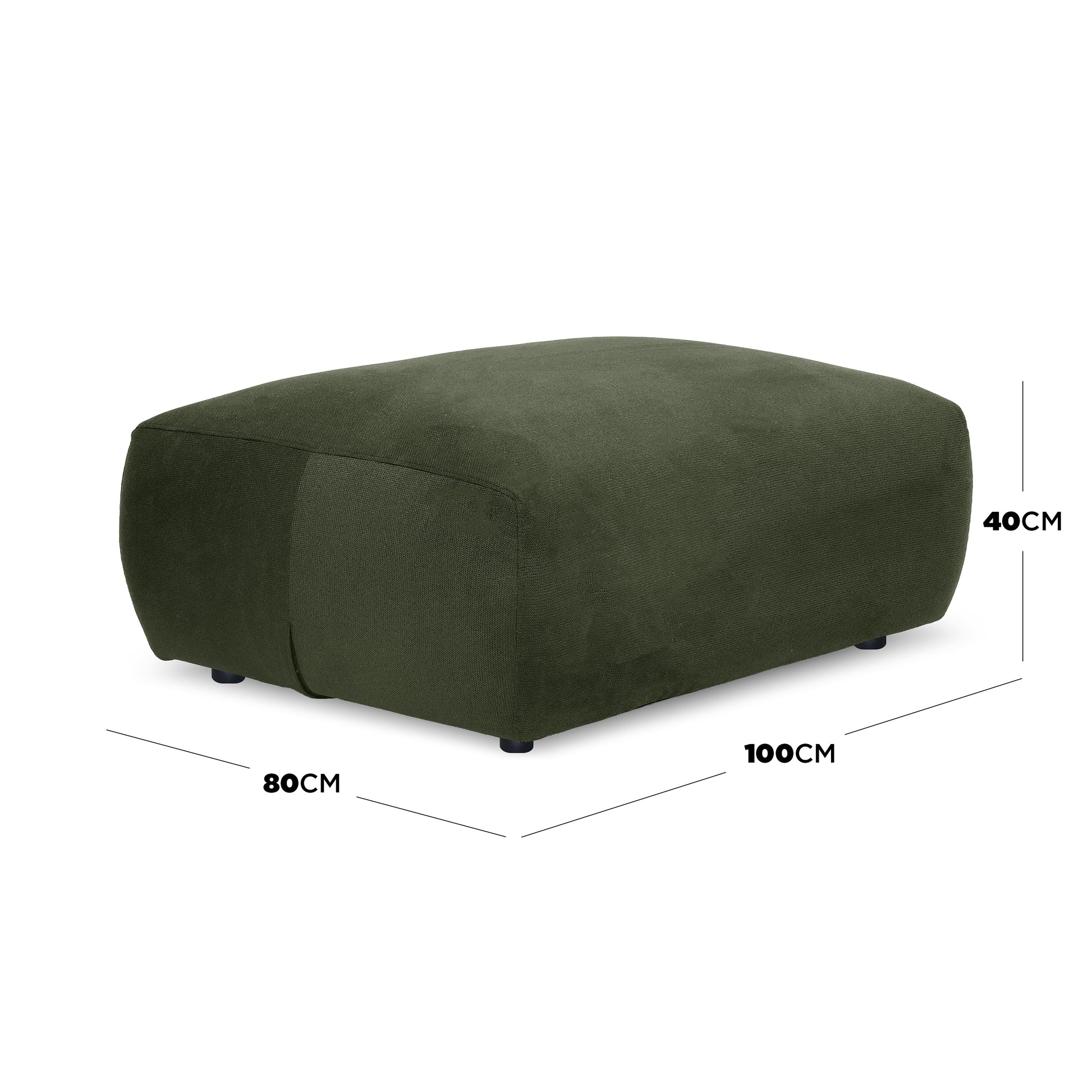 Green rectangular ottoman with dimensions indicated