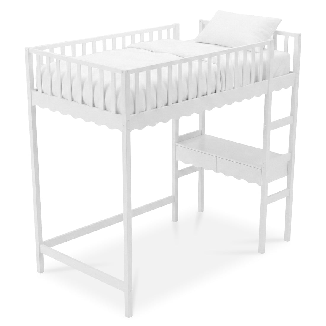 White children's loft bed with integrated desk on white background