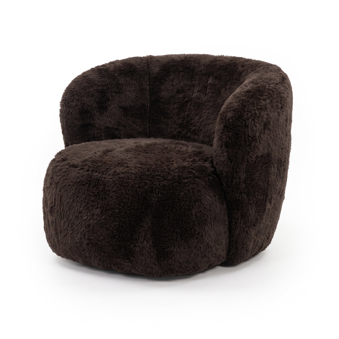 Chocolate brown shaggy faux fur accent chair on a white background
