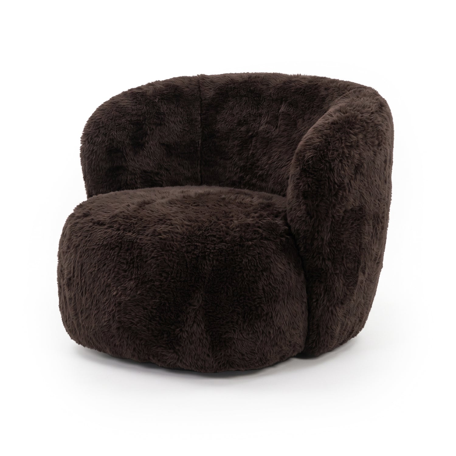 Chocolate brown shaggy faux fur accent chair on a white background