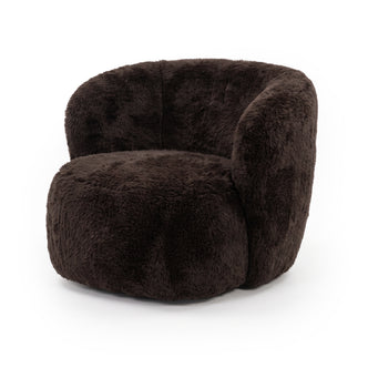 Chocolate brown shaggy faux fur accent chair on a white background