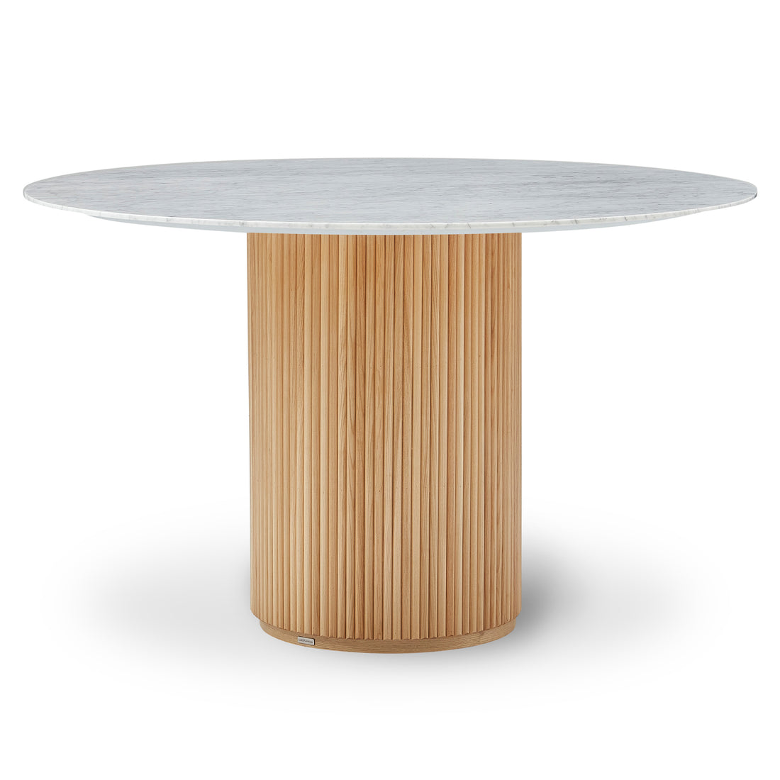 Gracie 120cm Round Marble Dining Table in Natural features a circular white marble top with unique veining on a cylindrical, fluted light wood base, offering a modern, elegant centerpiece.
