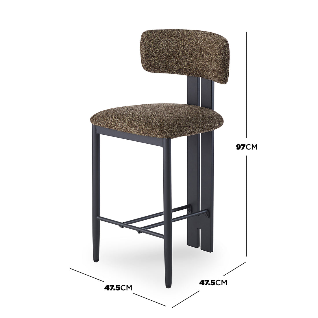 Haleo Curved Boucle Fabric Barstool Set of 2 features a black metal frame, padded curved backrest, and upholstered seat in brown tweed-style fabric, offering modern comfort and style.