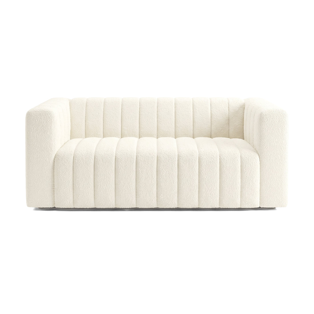 Front view of a cream upholstered sofa on a white background