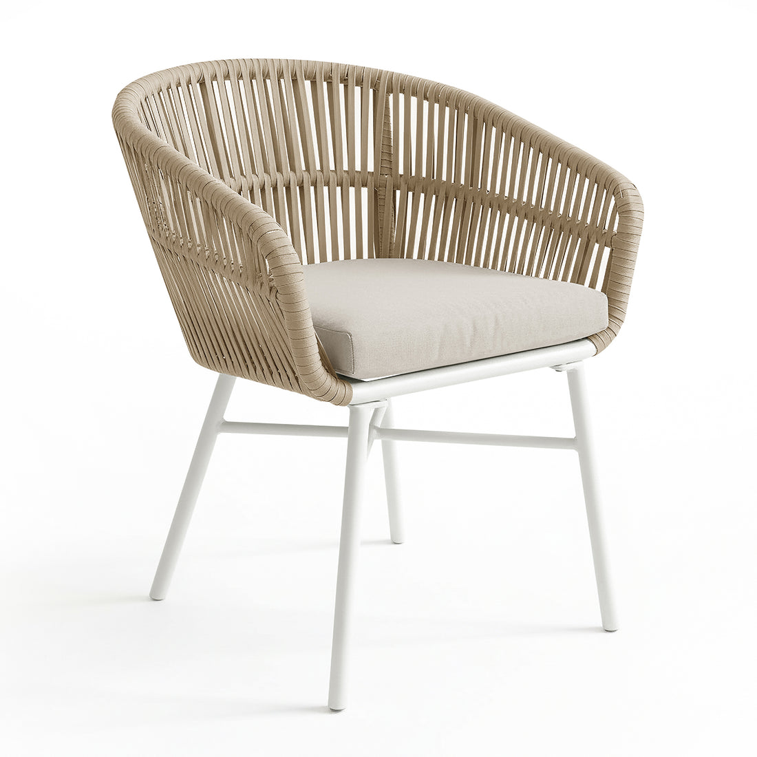 Marula Rope Outdoor Dining Chairs in White Set of 4 feature light-tan rattan frames, beige seat cushions, and slim white metal legs, offering a modern, breezy style perfect for outdoor dining spaces.