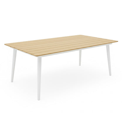 Casara 9 Piece Outdoor Dining Set in White and Grey: A modern table with slatted light-wood top and slim white legs, designed for alfresco gatherings. Comes with eight chairs for outdoor dining.