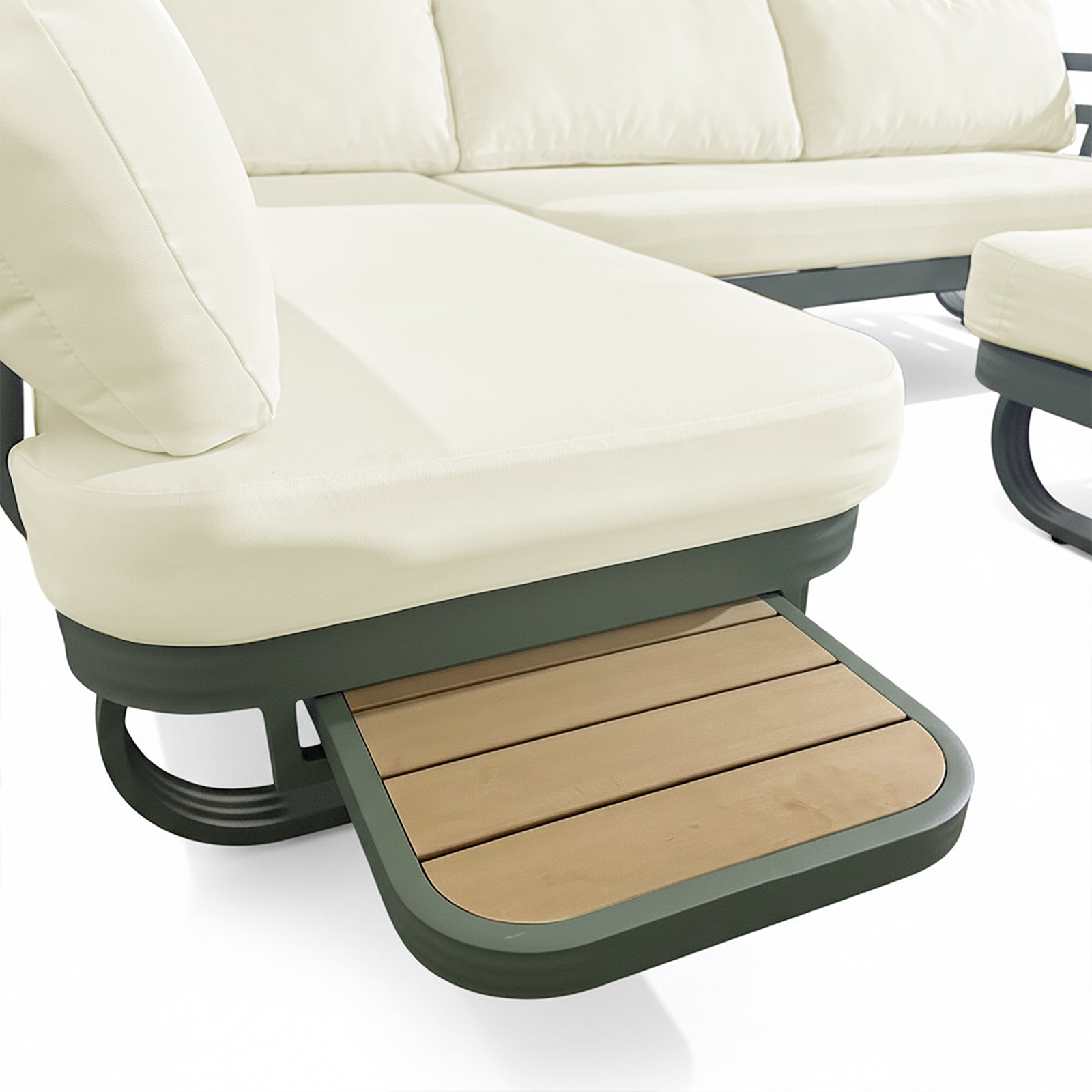 Close-up of the Paloma Modular Outdoor Lounge Set in Olive Green, highlighting cream cushions on a dark green frame with a built-in sliding wood shelf beneath the seat.