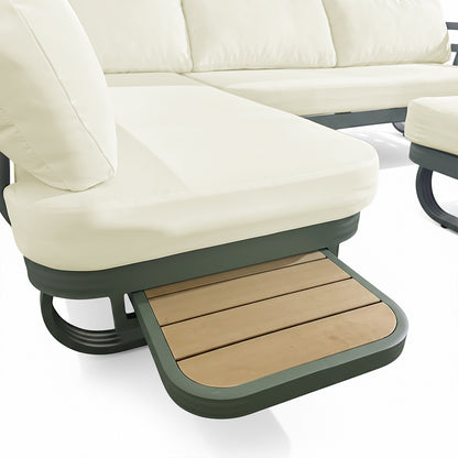 Close-up of the Paloma Modular Outdoor Lounge Set in Olive Green, highlighting cream cushions on a dark green frame with a built-in sliding wood shelf beneath the seat.