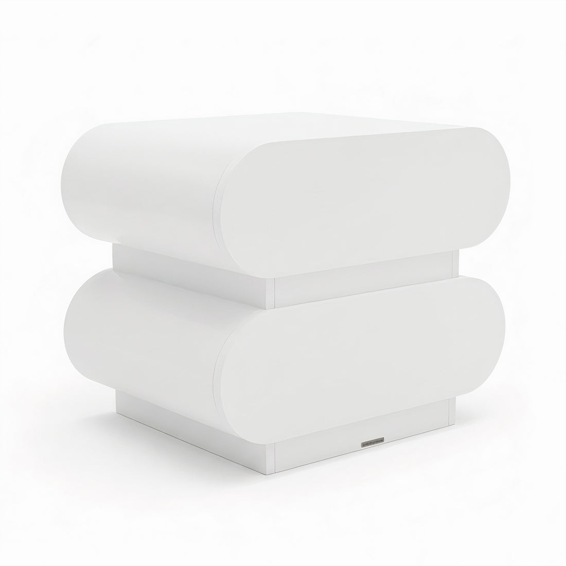 Ardenne 55cm Curved Bedside Table With Drawers in White, featuring a sleek, minimalist design with two pill-shaped drawers on a slim base, and a central metal nameplate.