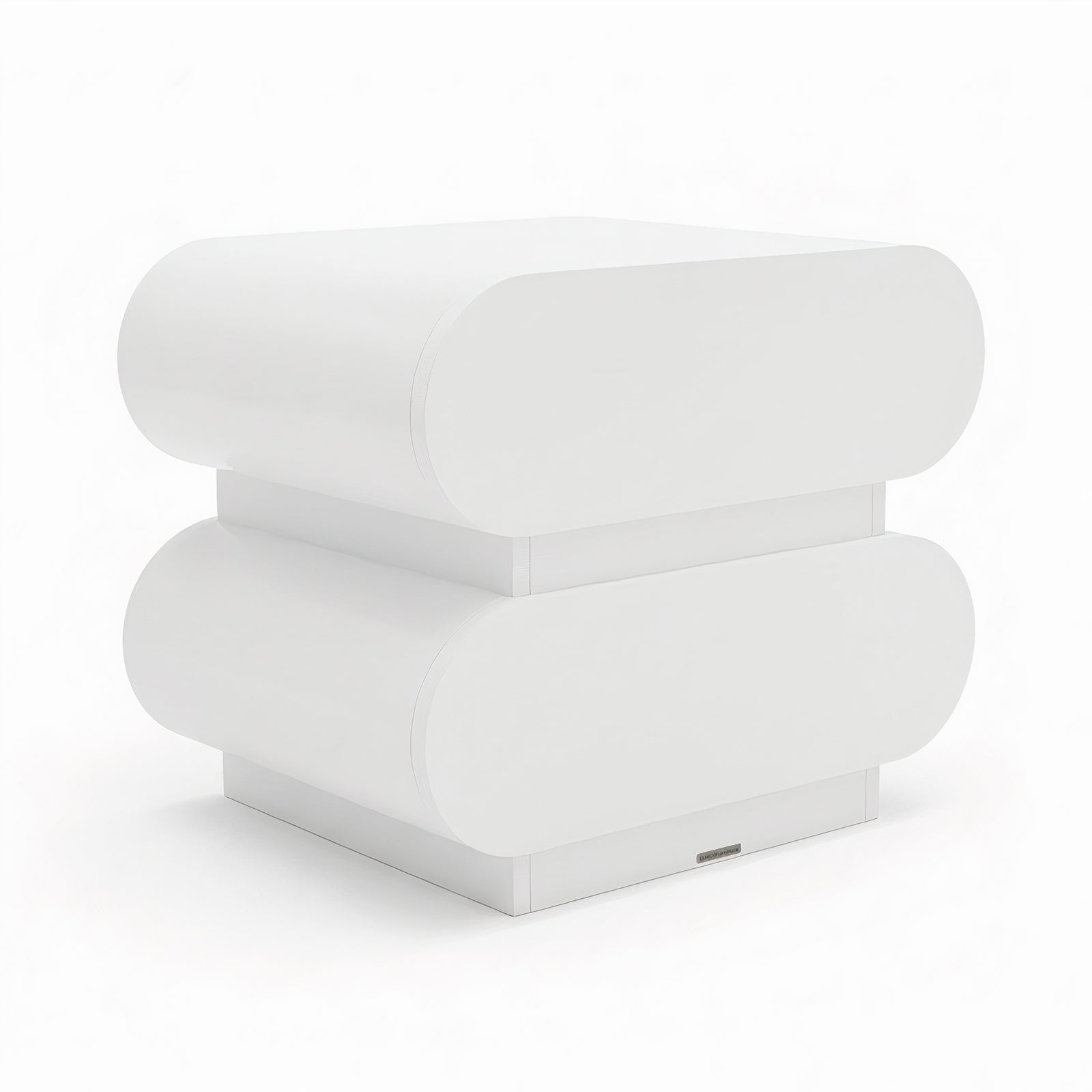 Ardenne 55cm Curved Bedside Table With Drawers in White, featuring a sleek, minimalist design with two pill-shaped drawers on a slim base, and a central metal nameplate.