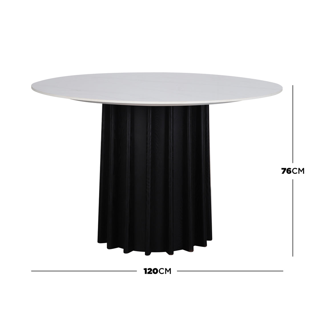 Gabi 120cm Marble Look Dining Table in Black features a white, round top and sculpted fluted black pedestal base, measuring 120 cm in diameter and 76 cm high.