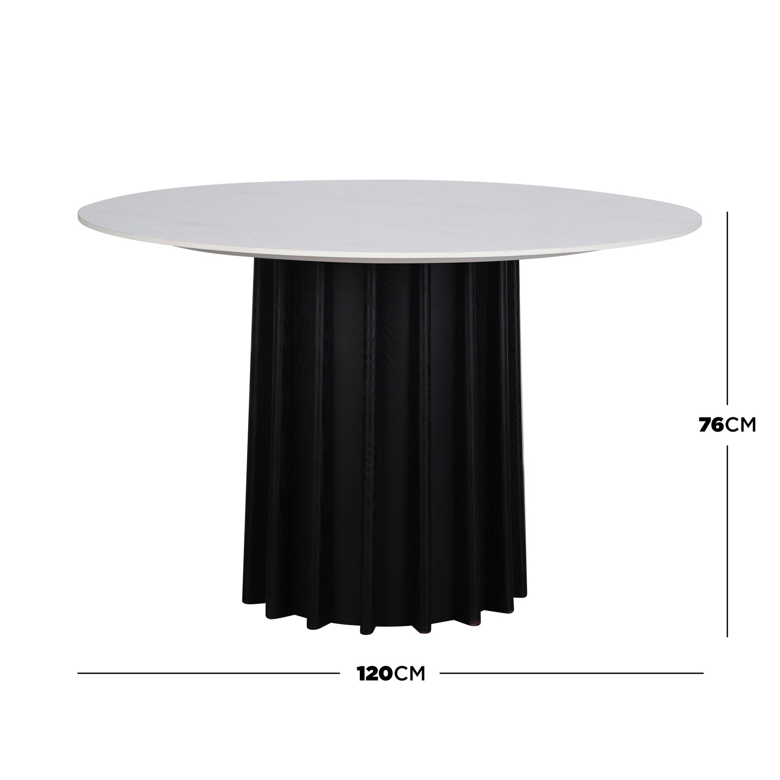 Gabi 120cm Marble Look Dining Table in Black features a white, round top and sculpted fluted black pedestal base, measuring 120 cm in diameter and 76 cm high.