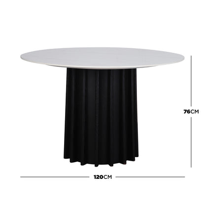 Gabi 120cm Marble Look Dining Table in Black features a white, round top and sculpted fluted black pedestal base, measuring 120 cm in diameter and 76 cm high.
