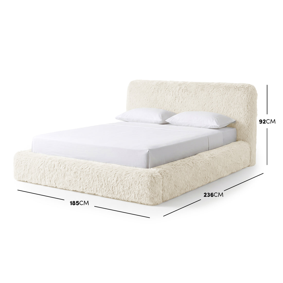 Full upholstered bed on a white background with dimensions shown.